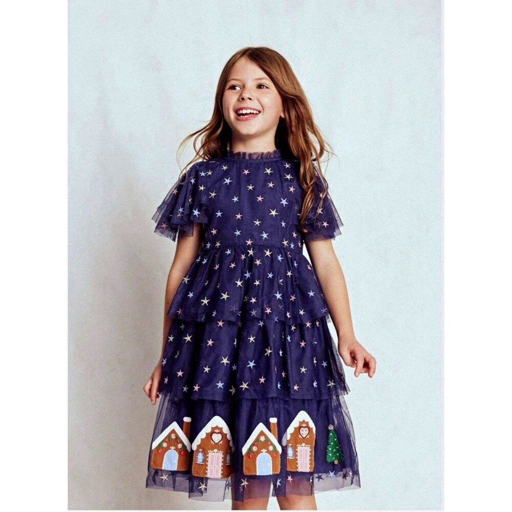 NWT Mini Boden Tulle Tiered Gingerbread Dress Medieval Blue Holiday Size 4-5Y